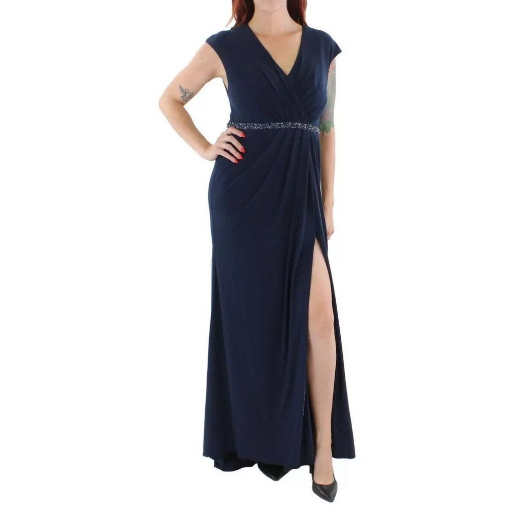 Mac Duggal Crystal Belt Jersey Gown‎ in Navy Maxi Dress Size 12 67850 - Picture 3 of 3